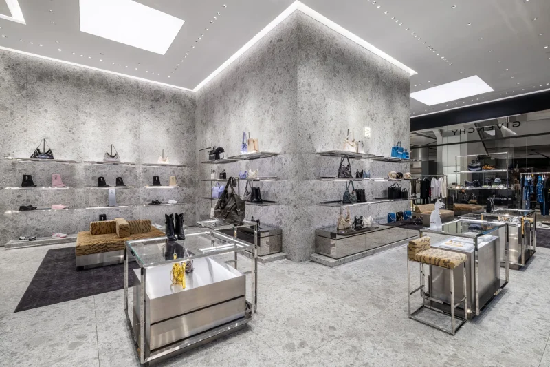 Givenchy Siam Paragon boutique interior with handbags and shoes displayed on stone shelving
