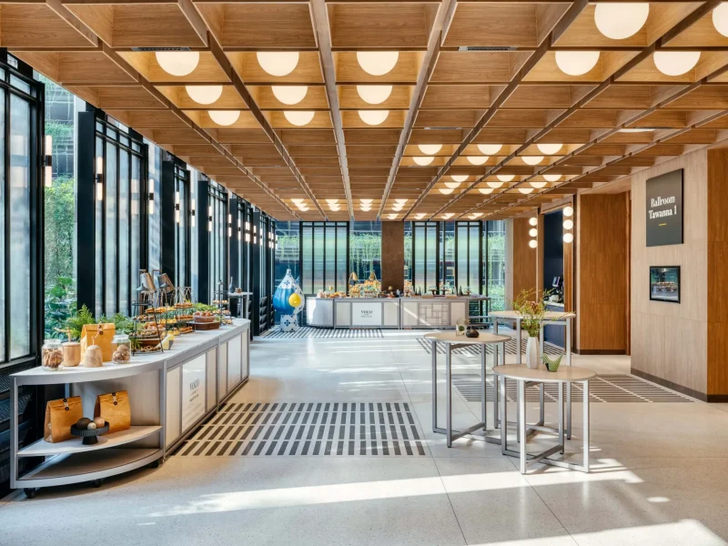 Ballroom Tawanna foyer at voco Surawong with coffee break setup and floor-to-ceiling windows